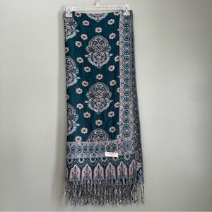 Reversible 100% Pashmina Teal & Tan Persian Medallion Fringe Scarf Wrap